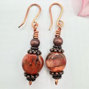 Red Jasper Gemstone Beaded Dangle Earrings Copper Tone Ear Wire Gemstone Boho